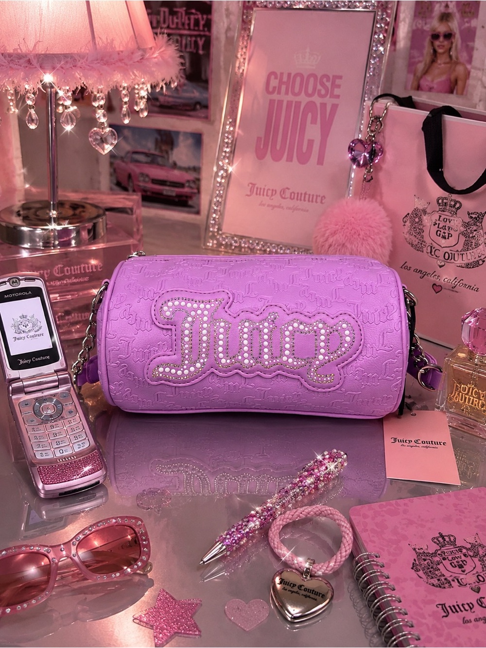Juicy couture string of pearls roll bag purse